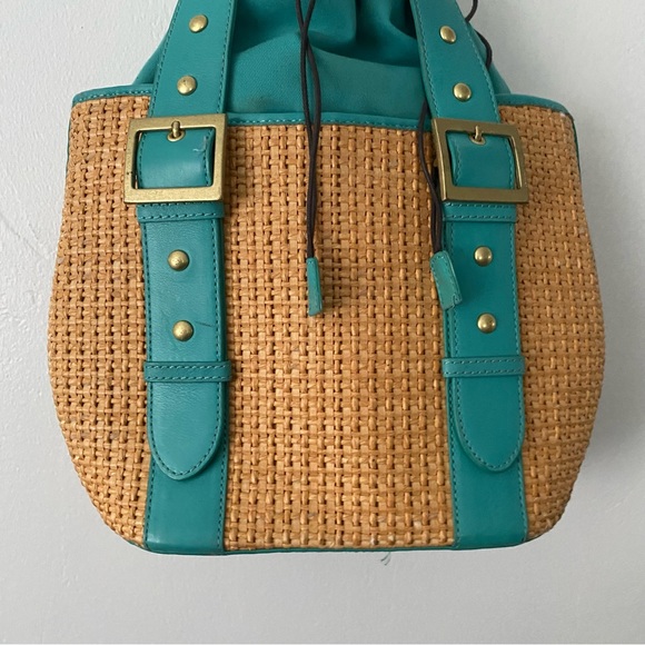 Kate Landry straw and teal leather tote bag - Picture 2 of 9